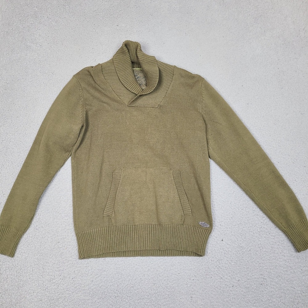 Guess Mens Sweater Medium Olive Green Shawl Collar Kangaroo Pocket X04R0800000